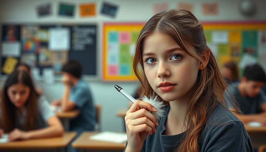Teen in 1990s classroom holds a fluffy pen with a thoughtful look.