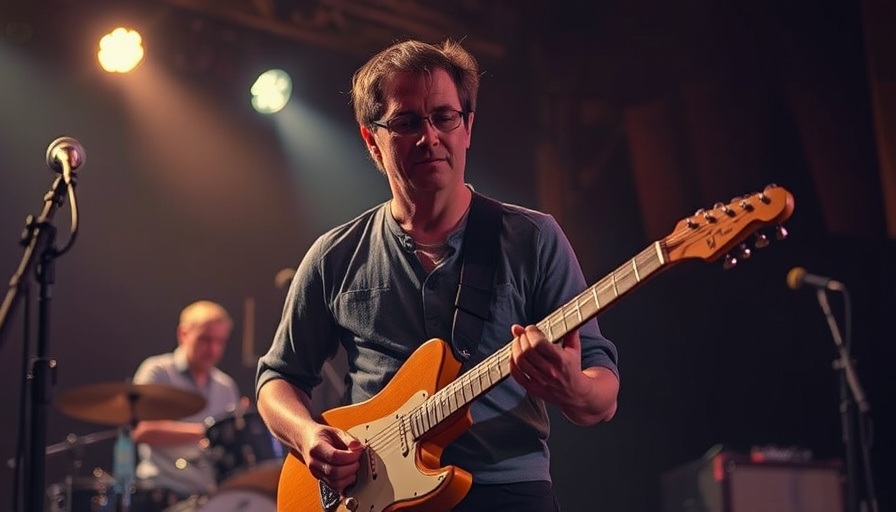 Jerry Harrison hosts classic concert film, musician plays guitar, concert setting.