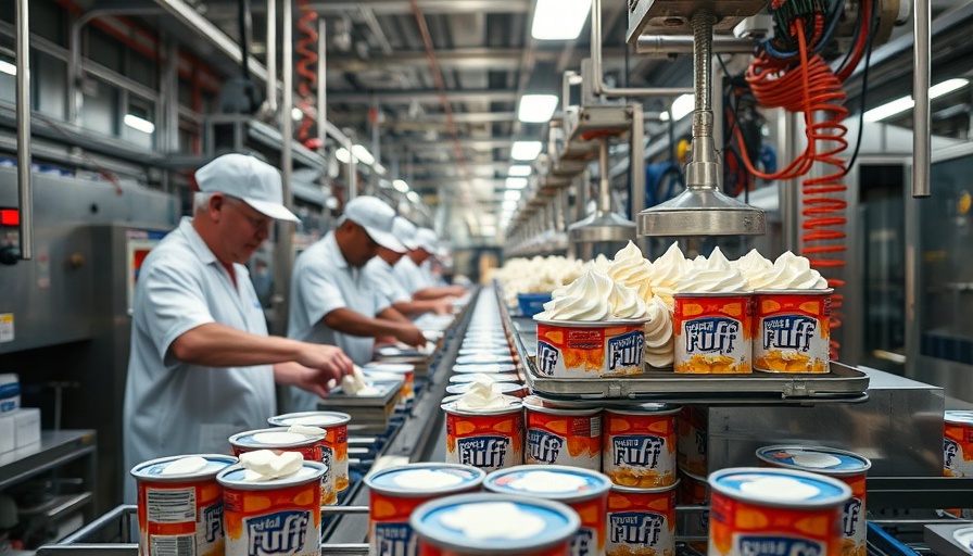Marshmallow Fluff production line with containers being filled.