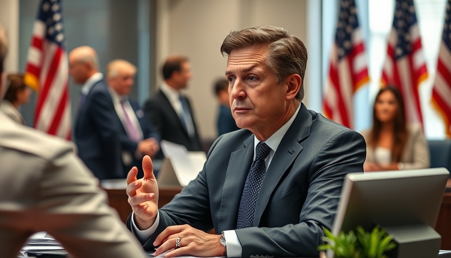 Confident man in suit discussing at office desk, official background.