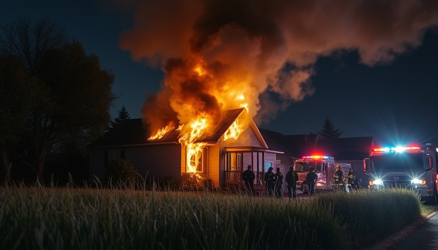 North Reading fire scene with firefighters battling flames at night.