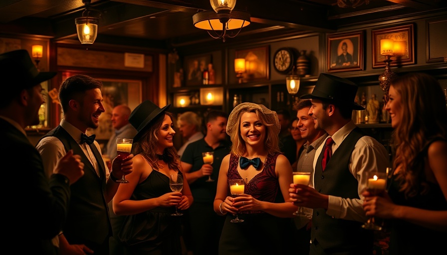 Adults in themed costumes at a murder mystery bar crawl.