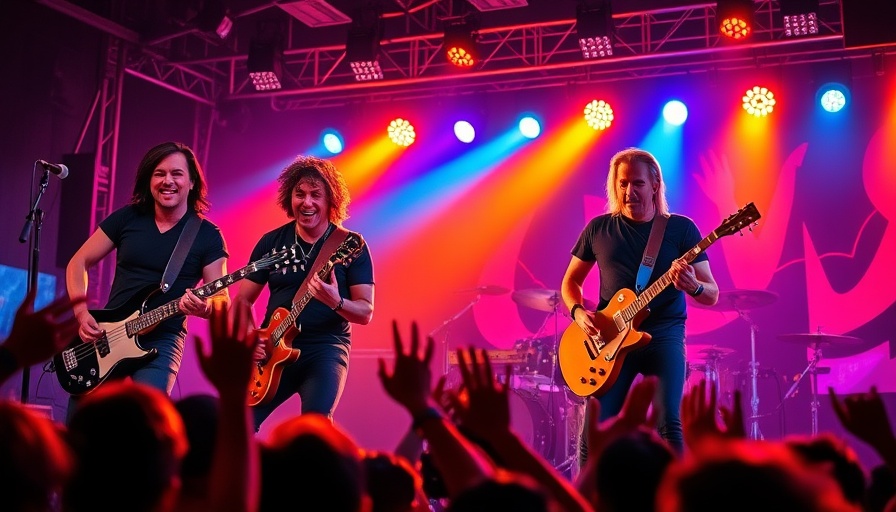 Energetic rock band on stage with colorful lights during a performance.