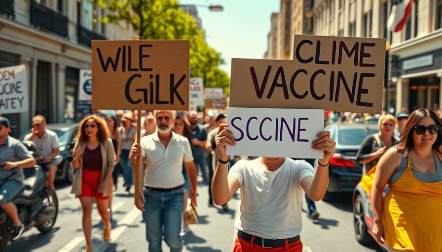 Protest scene with signs about vaccine safety, urban background.