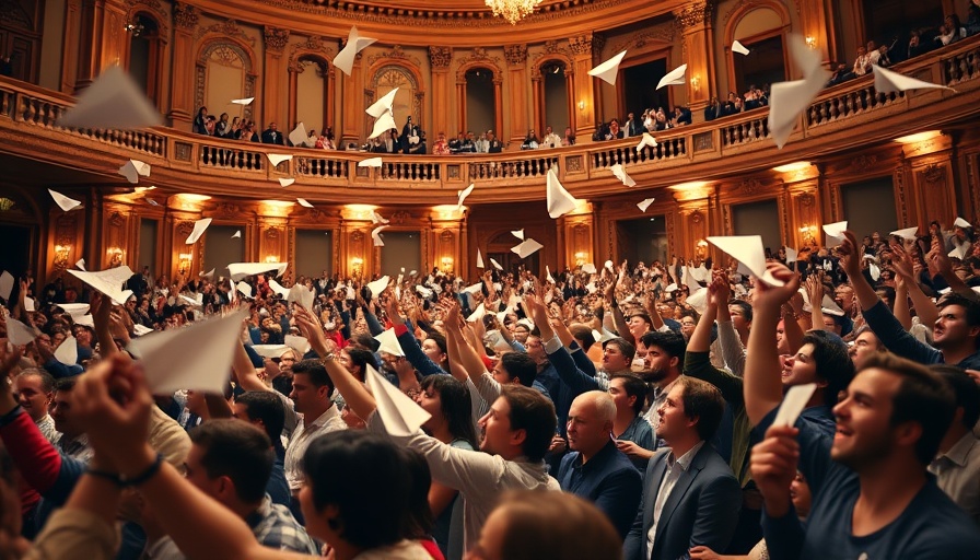 Excited crowd throws paper planes in a grand auditorium.