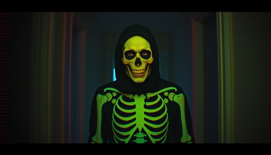 Glitchy footage of person in skeleton costume for found footage horror film.