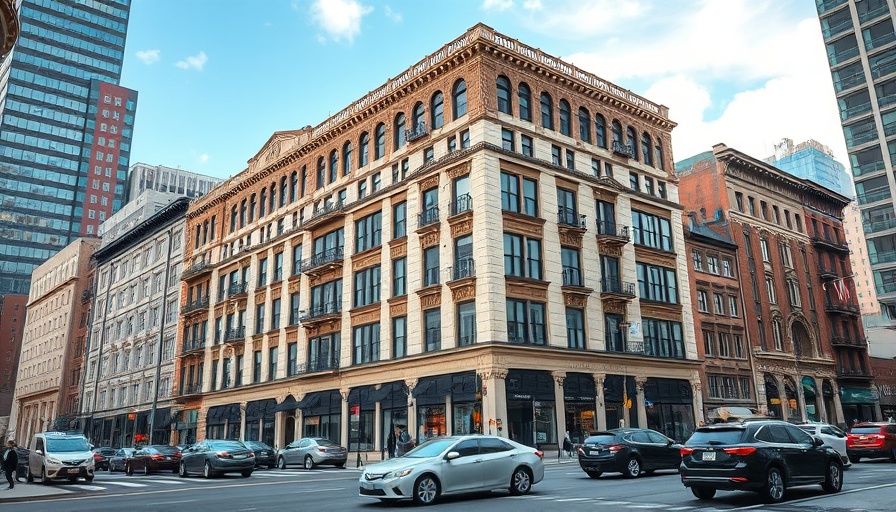 Majestic multistory urban building with cars on a busy street.