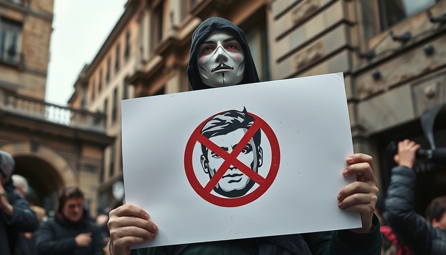 Masked protester holds crossed-out portrait in urban protest setting.