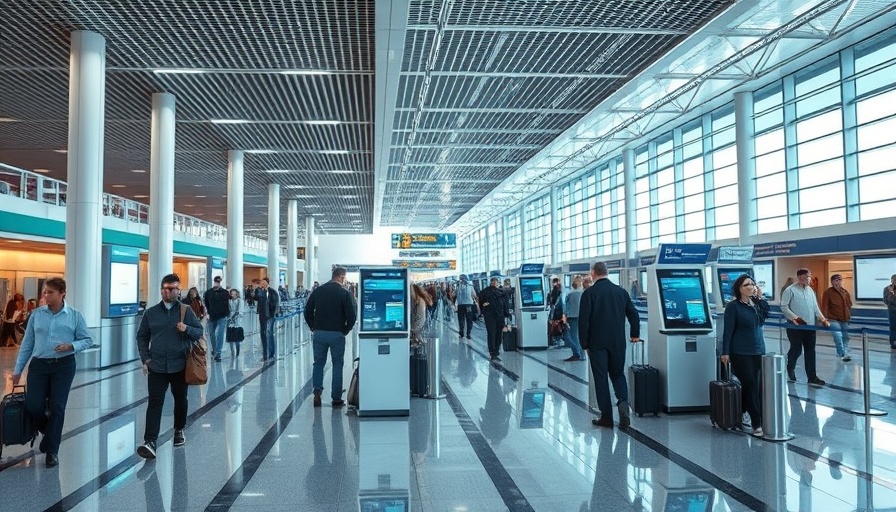 Airport self-check-in kiosks in busy European terminal