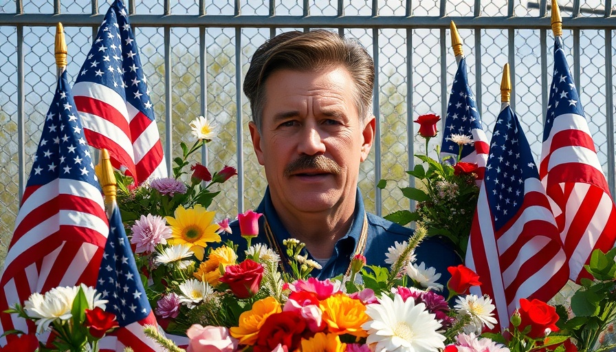 Solemn tribute display for Charlie Kirk with flags and flowers.