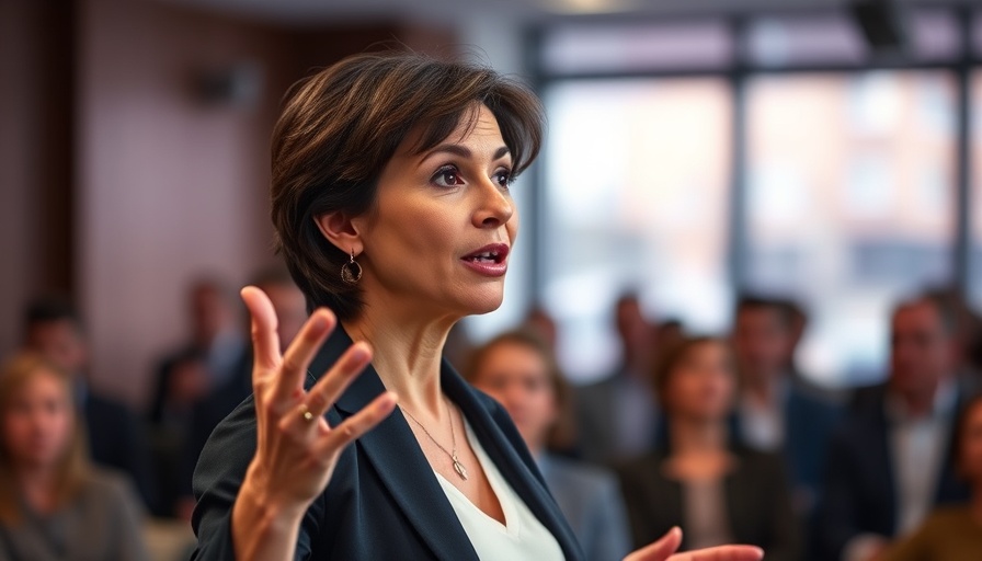 Confident female speaker discusses Eversource rate hike indoors.