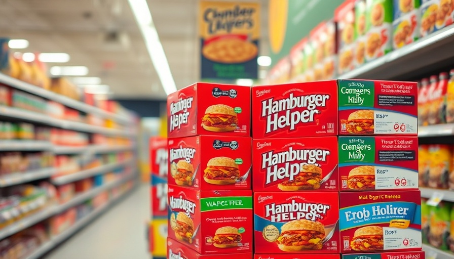 Variety of Hamburger Helper boxes on grocery shelves.