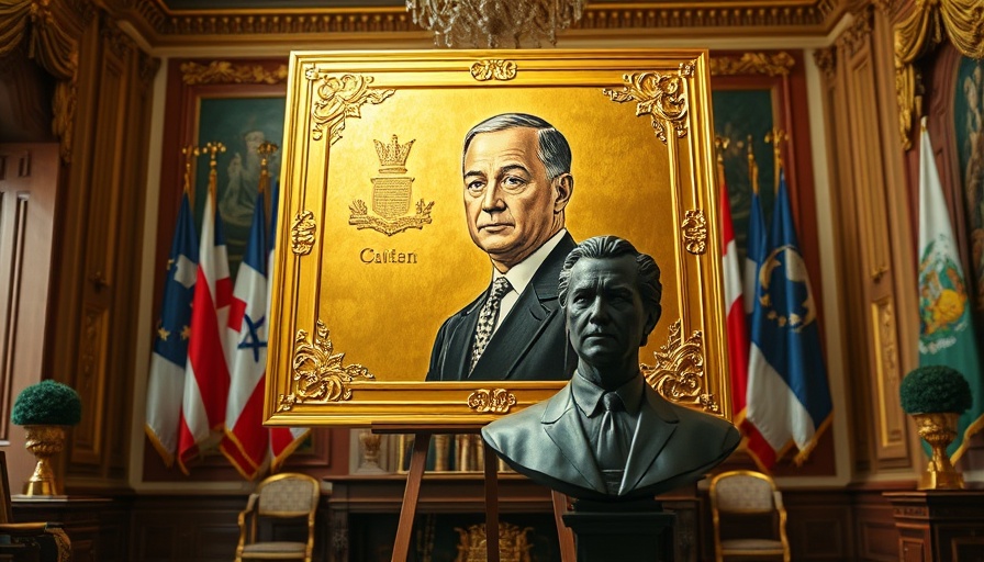 Oversized gold card display in a decorated room with flags and bust.