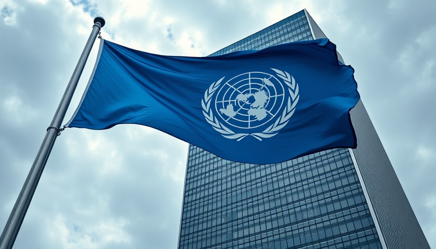 United Nations flag waving at UN General Assembly amidst global conflict.