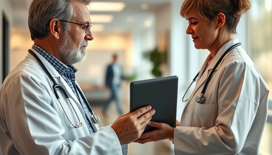 Doctor and patient discussing lab results with tablet.