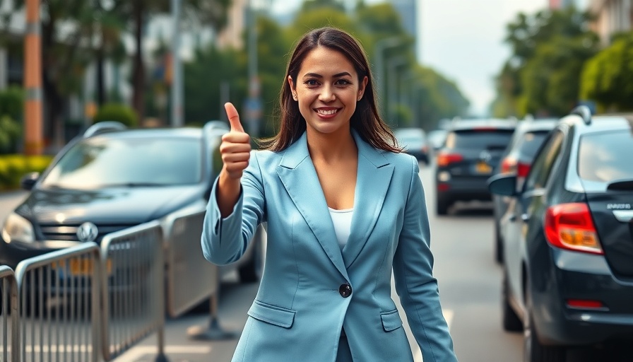 Woman in light blue blazer giving thumbs-up on urban street, Karen Read civil lawsuit.