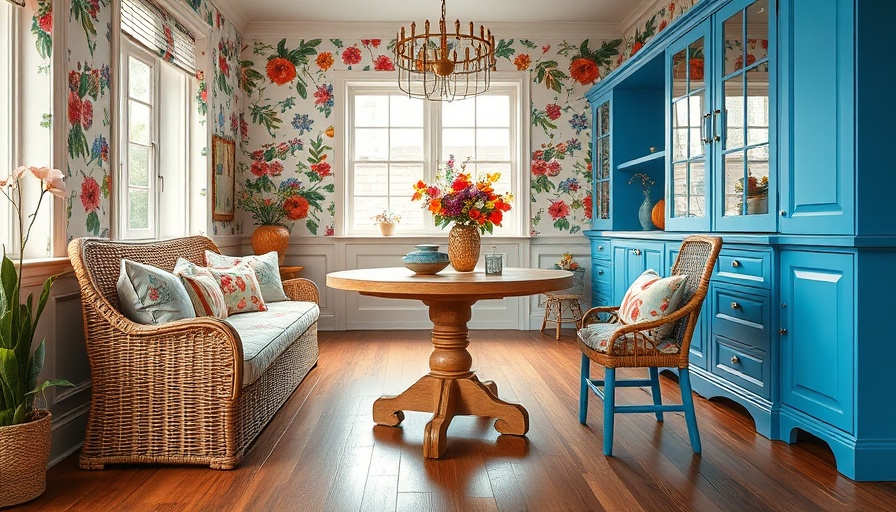 Maximalist whimsy Nantucket hotel cottages dining area with vibrant floral decor.
