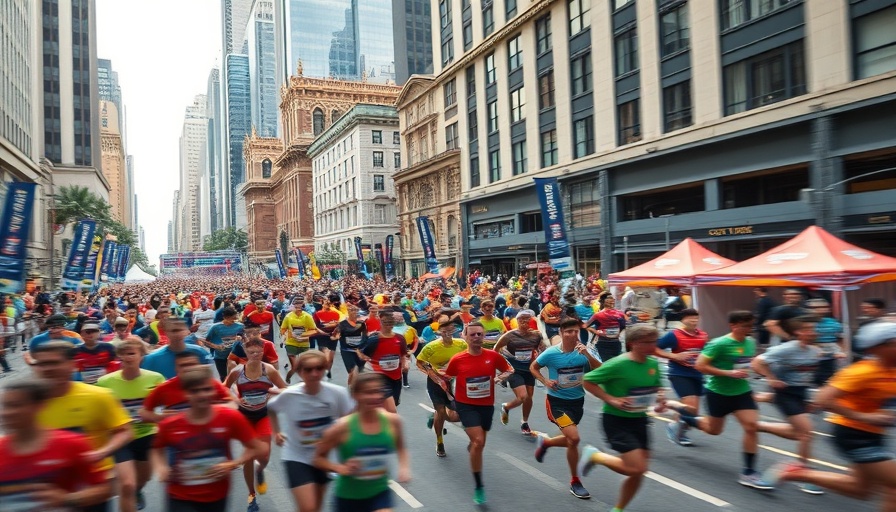 Participants running at the Boston Marathon with cityscape.