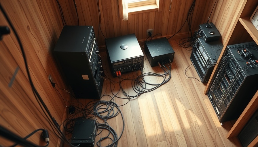 SIM farms threatening telecom networks with interconnected equipment on floor.
