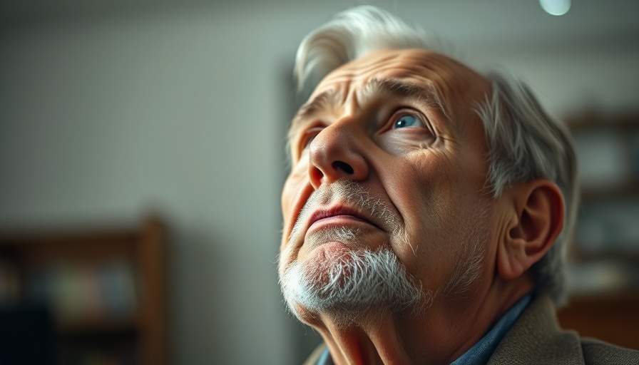 Elderly man with contemplative look indoors, blurred background.