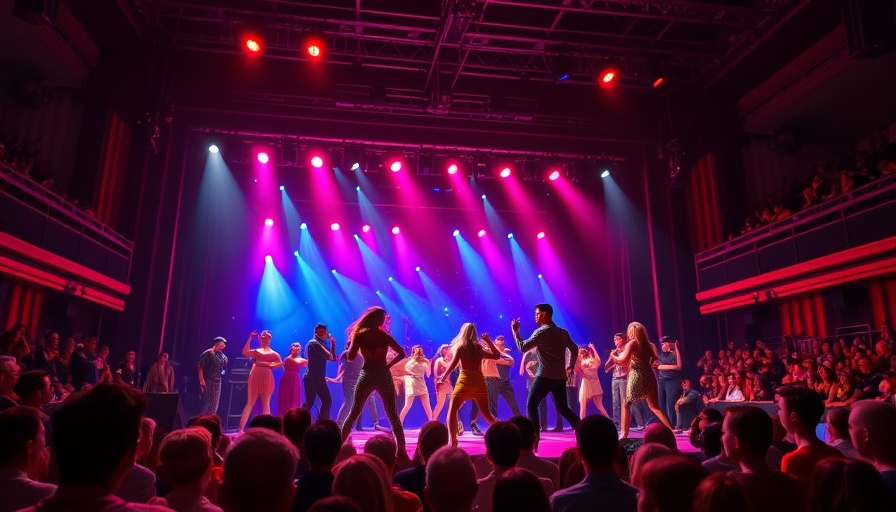 Energetic Broadway musical scene highlighting dancers in motion amid vivid lighting.