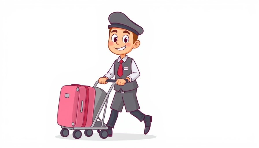 Cartoon bellhop with luggage cart in hotel.