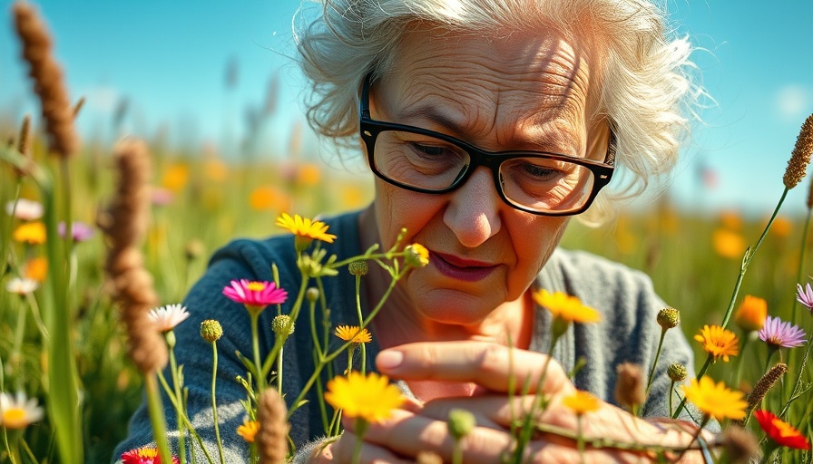 Elderly woman foraging in a meadow, foraging revival scene.