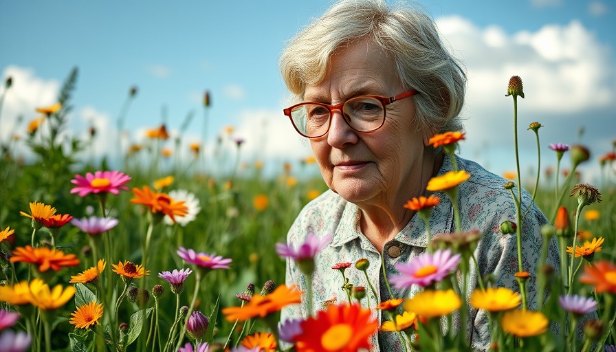 Elderly woman foraging in a meadow during Foraging Revival, vibrant scene.