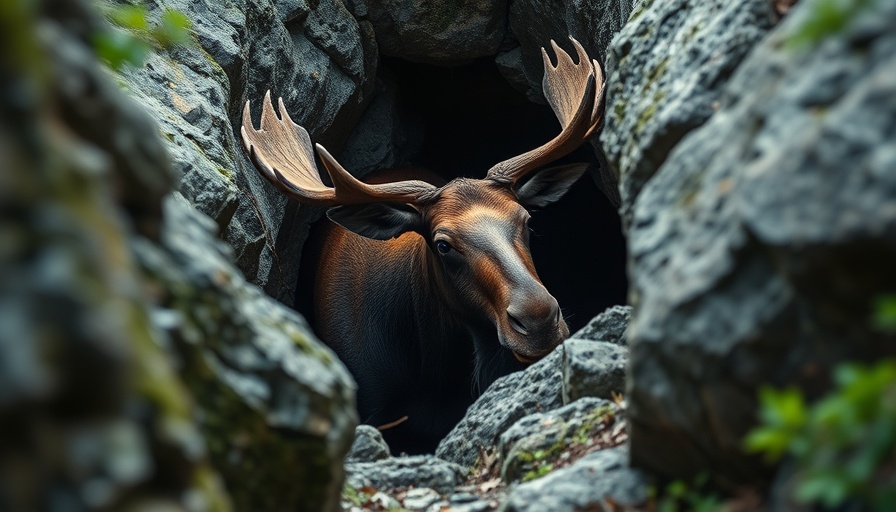 Maine moose rescue: Moose trapped in rocky crevice in forest.