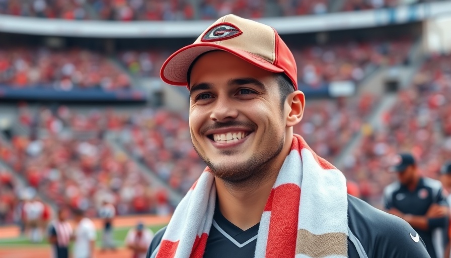 Young man in Patriots gear smiling on the football sidelines.