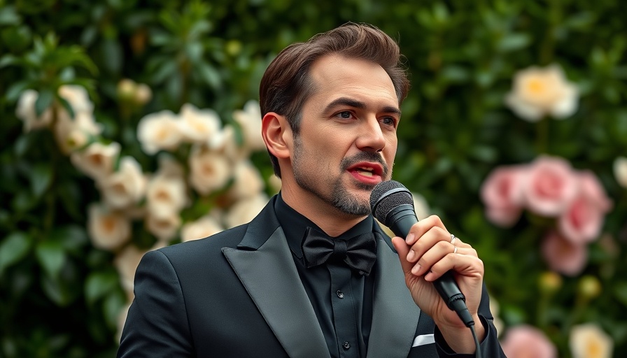Boston restaurant manager in formal wear holding mic