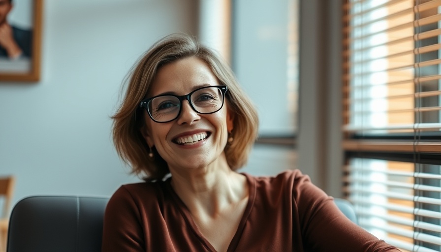 Cheerful woman in glasses smiling on a chair in softly lit room.