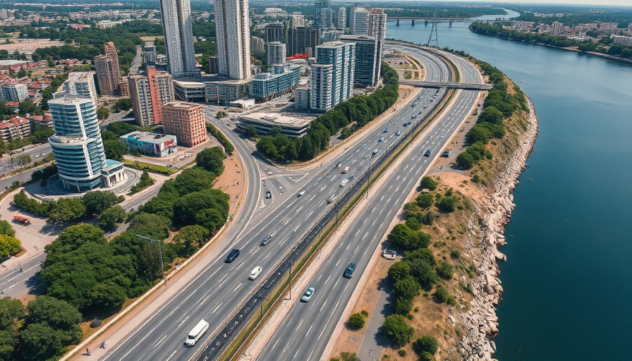 Urban highway with city buildings and river, Boston University Liberal College nearby.