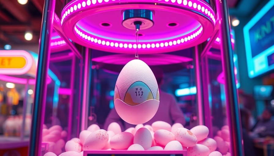 Futuristic claw machine grabbing an egg, colorful neon lights.