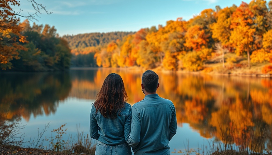 Romantic autumn scene in Greater Boston with couple by a lake.