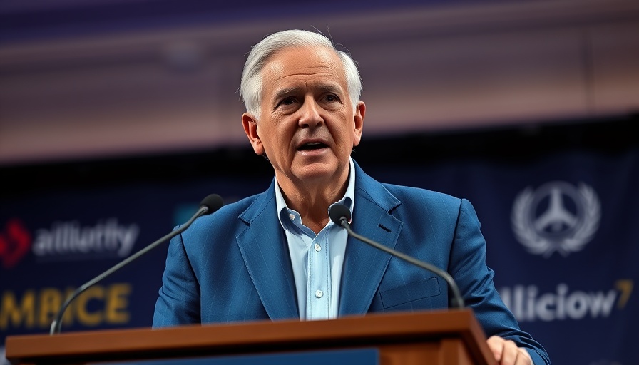 Elderly man discussing at a podium with branded backdrop.
