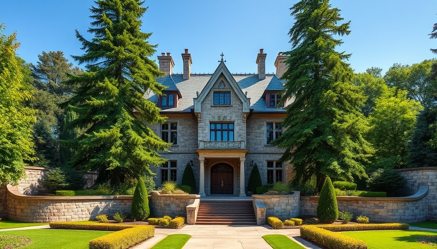 Academy at Penguin Hall stone mansion under clear sky with lush greenery