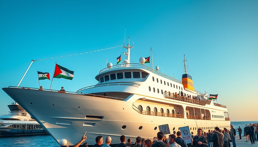 Gaza aid mission, ship docked at busy port with flags and crowd