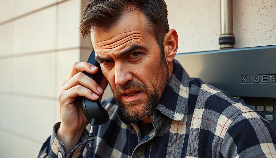 Rugged man with intense expression using payphone, 'One Battle After Another review.'