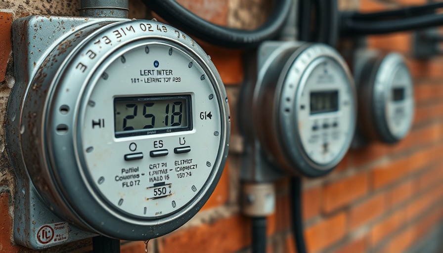 Electric meters reflecting energy poverty in Boston, damp from rain.