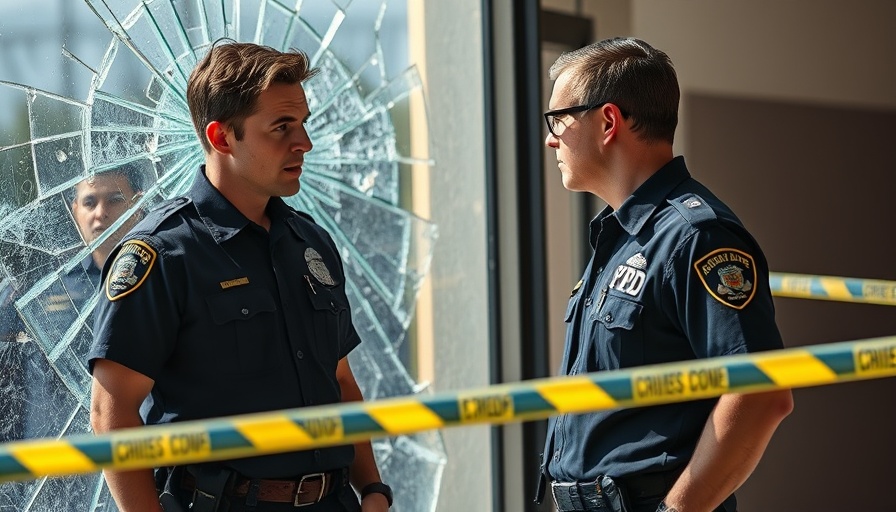 NYPD officers analyze shattered glass wall at a crime scene.