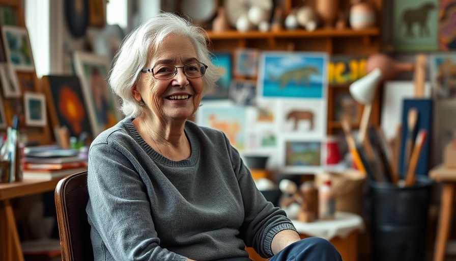 Elderly woman smiling in creative studio, art surroundings.