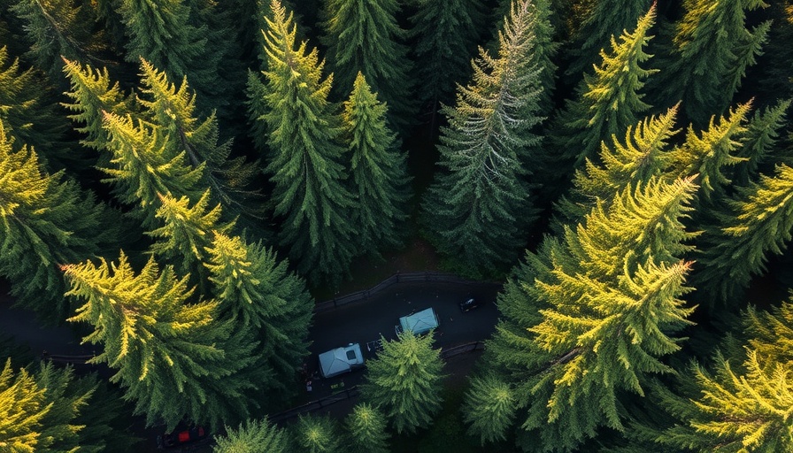 Aerial view of forest campsite amid investigation.