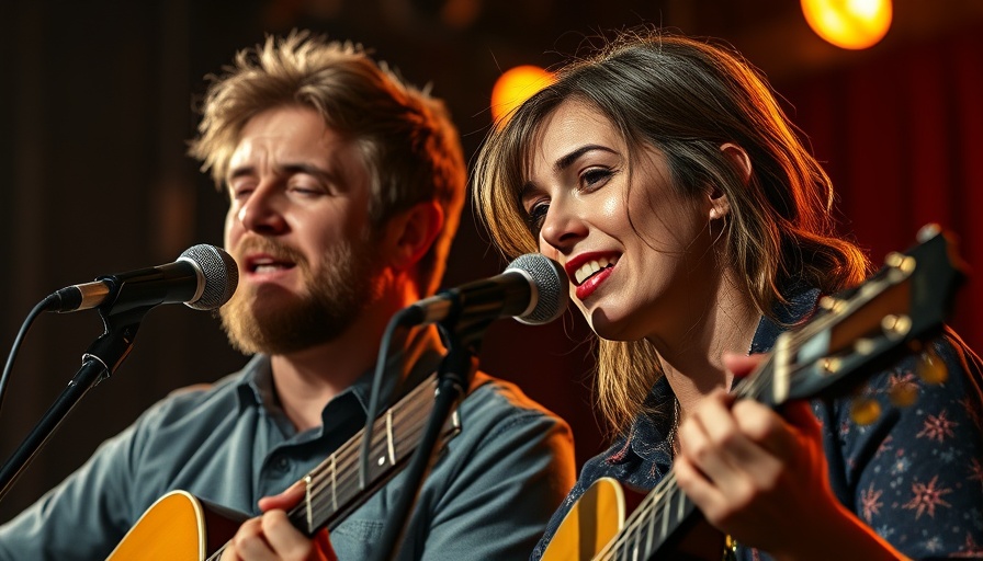 Passionate folk singers perform in warm spotlight at a symposium.