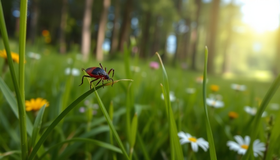 Close-up of a tick on grass in a meadow, highlighting tick migration and health risks.