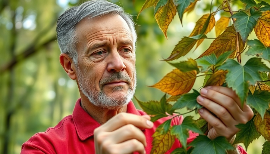 Man inspecting leaves for disease symptoms; fall foliage threatened.