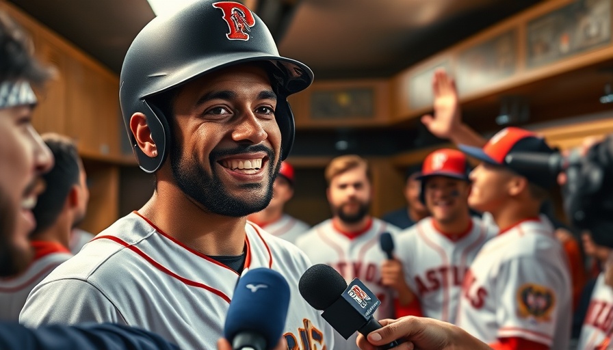 Smiling athlete celebrates game-winning hit, Boston team.