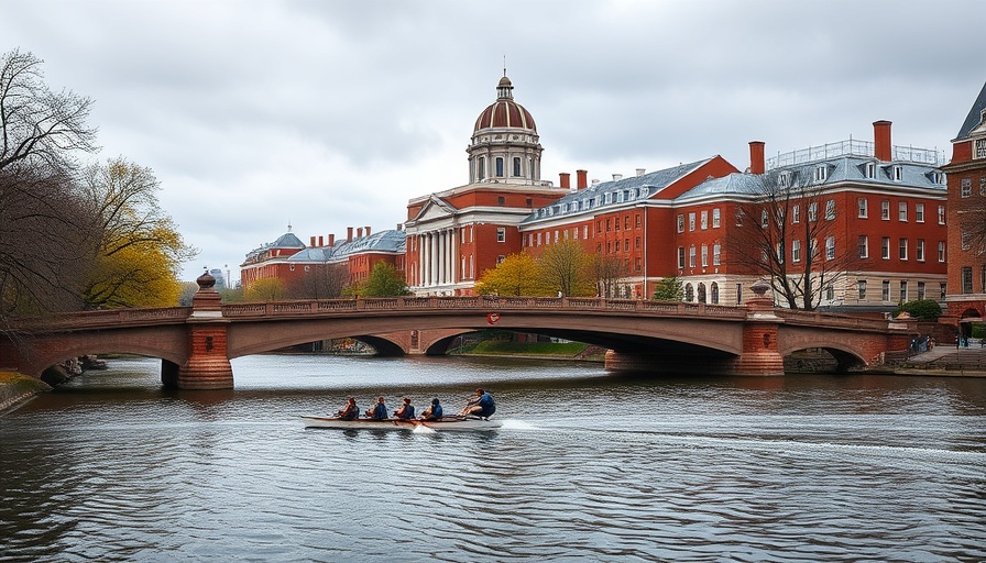 Harvard's architecture with Charles River and rower, related to student orchestra.