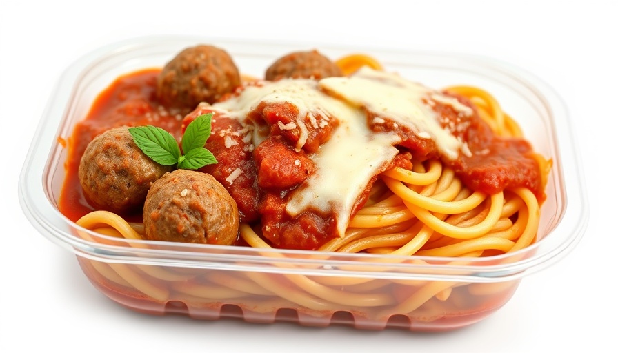 Packaged linguine meal with beef meatballs and marinara in container.