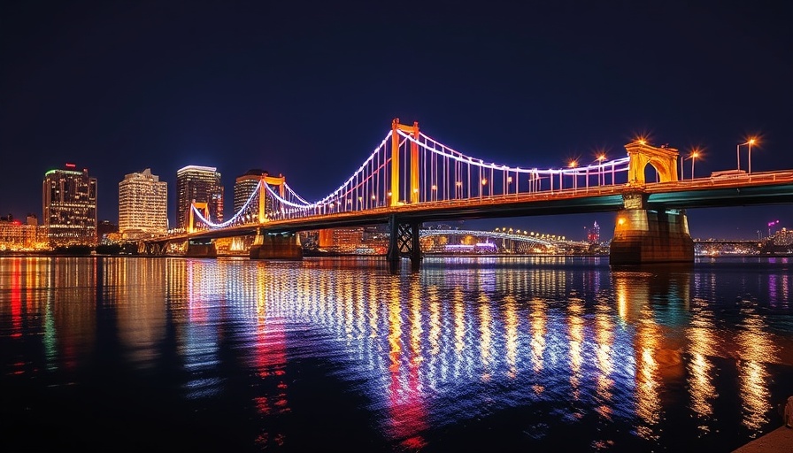 Boston landscape under night sky with bridge reflections.